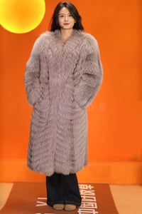 Full length natural Saga fox fur coat with shawl collar