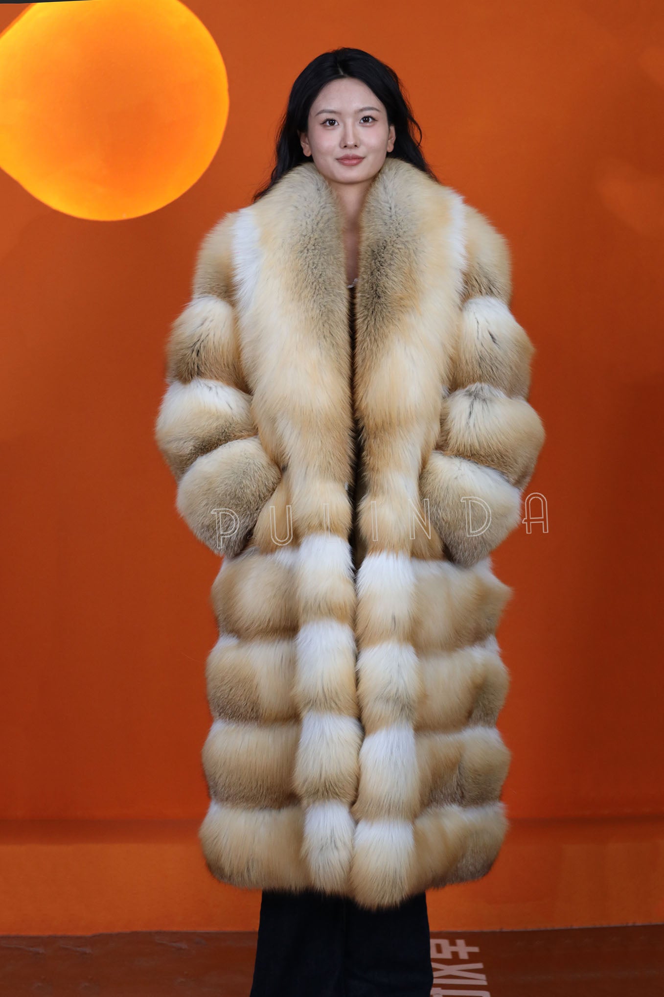 Full length natural Saga golden island fox fur coat with shawl collar