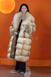 Full length natural Saga golden island fox fur coat with shawl collar