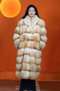 Full length natural Saga golden island fox fur coat with shawl collar