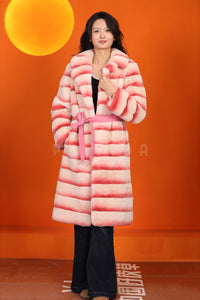 Full length natural rex rabbit fur coat with english collar