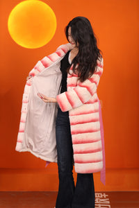 Full length natural rex rabbit fur coat with english collar