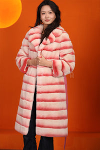 Full length natural rex rabbit fur coat with english collar