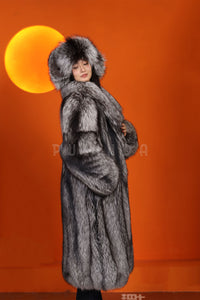 Full length Saga silver fox fur coat with shawl collar