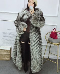 Full length Silver Fox Fur Long Coat