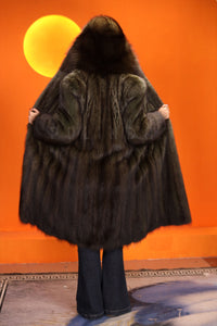 Full length natural racoon fur hooded coat