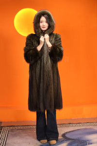 Full length natural racoon fur hooded coat