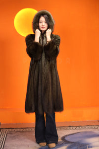 Full length natural racoon fur hooded coat