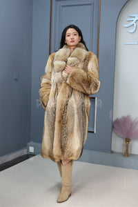 Full length coyote fur coat with shawl collar