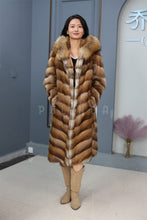 Load image into Gallery viewer, Full length muskrat fur hooded coat with racoon trim
