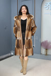 Full length muskrat fur hooded coat