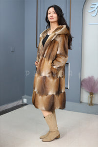 Full length muskrat fur hooded coat