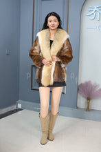 Load image into Gallery viewer, Natural Saga golden island fox fur coat &amp; jacket with muskrat trim
