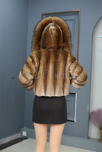 Load image into Gallery viewer, Natural muskrat hooded coat &amp; jacket with racoon trim
