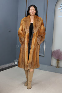 Full length natural Saga red fox fur coat with shawl collar