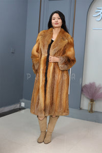 Full length natural Saga red fox fur coat with shawl collar