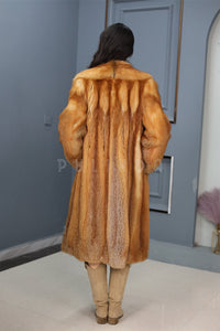 Full length natural Saga red fox fur coat with shawl collar