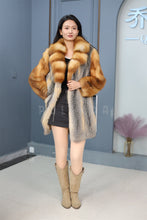 Load image into Gallery viewer, Mid-length genuine Saga red and gray fox fur coat with shawl collar
