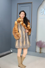 Load image into Gallery viewer, Mid-length genuine Saga red and gray fox fur coat with shawl collar
