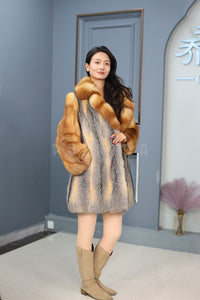 Mid-length genuine Saga red and gray fox fur coat with shawl collar