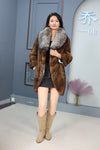 Mid-length natural Saga mink fur coat with silver fox shawl collar