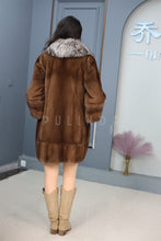 Load image into Gallery viewer, Mid-length natural Saga mink fur coat with silver fox shawl collar
