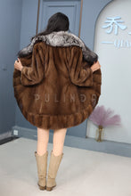 Load image into Gallery viewer, Mid-length natural Saga mink fur coat with silver fox shawl collar
