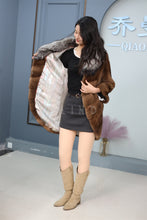 Load image into Gallery viewer, Mid-length natural Saga mink fur coat with silver fox shawl collar
