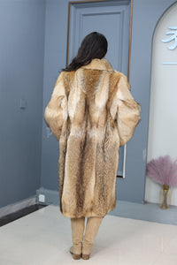 Full length coyote fur coat with shawl collar