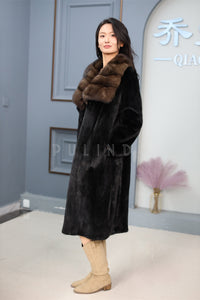 Full length natural Saga mink fur coat with sable shawl collar