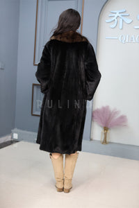 Full length natural Saga mink fur coat with sable shawl collar