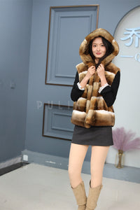 Women Genuine Chinchilla Rex Fur Hooded Vest