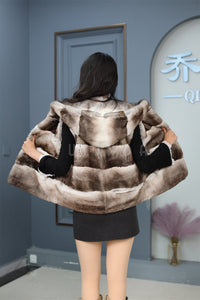 Women Genuine Chinchilla Rex Fur Hooded Vest