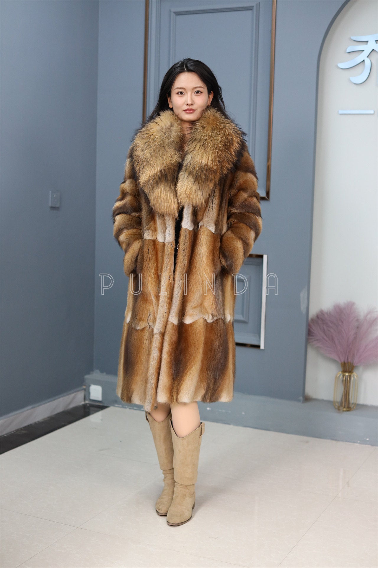 Full length muskrat fur coat with racoon shawl collar