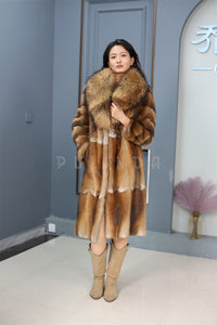 Full length muskrat fur coat with racoon shawl collar