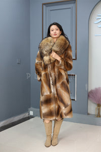 Full length muskrat fur coat with racoon shawl collar