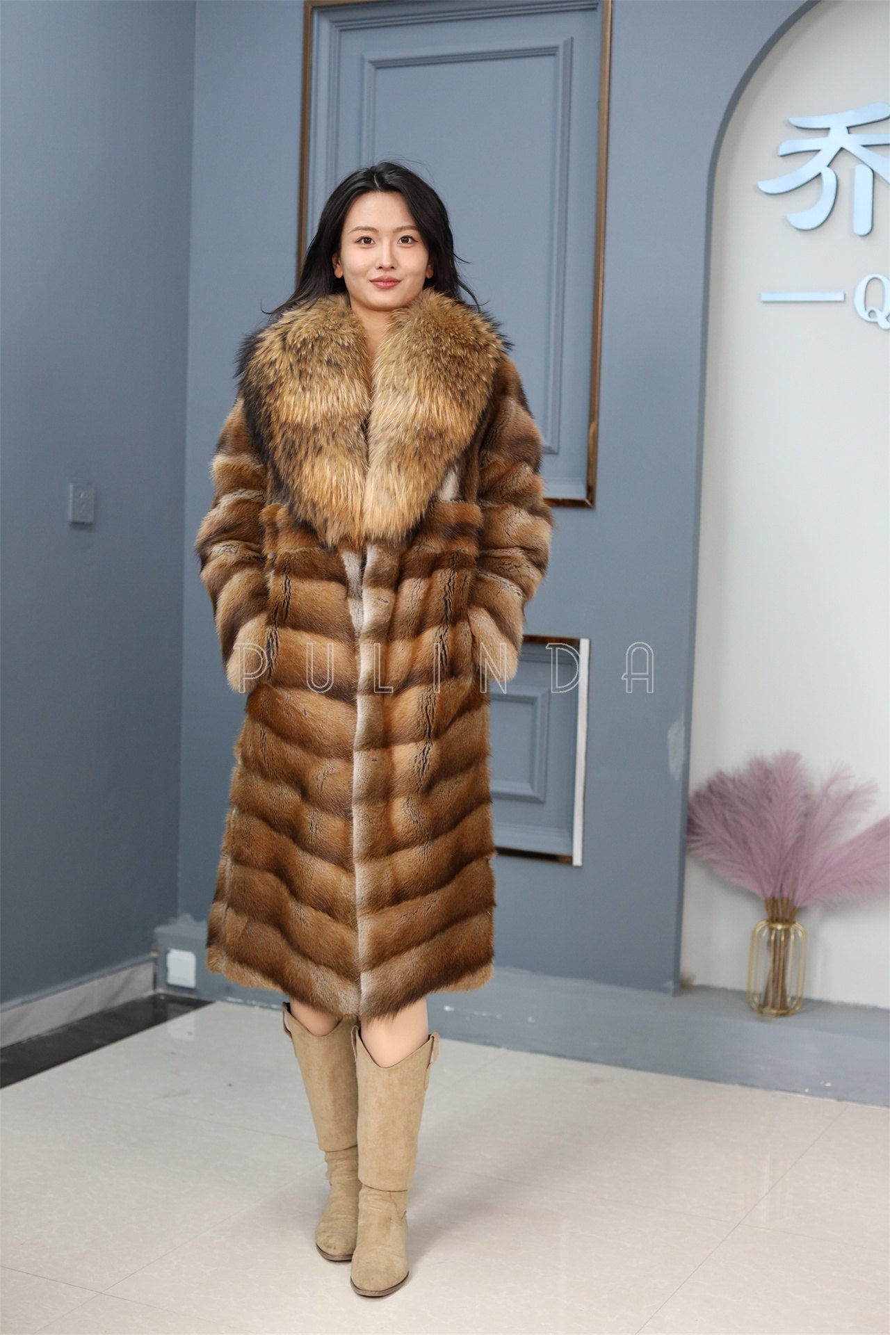 Full length muskrat fur coat with racoon trim