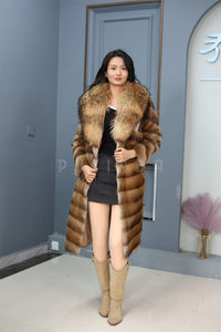 Full length muskrat fur coat with racoon trim