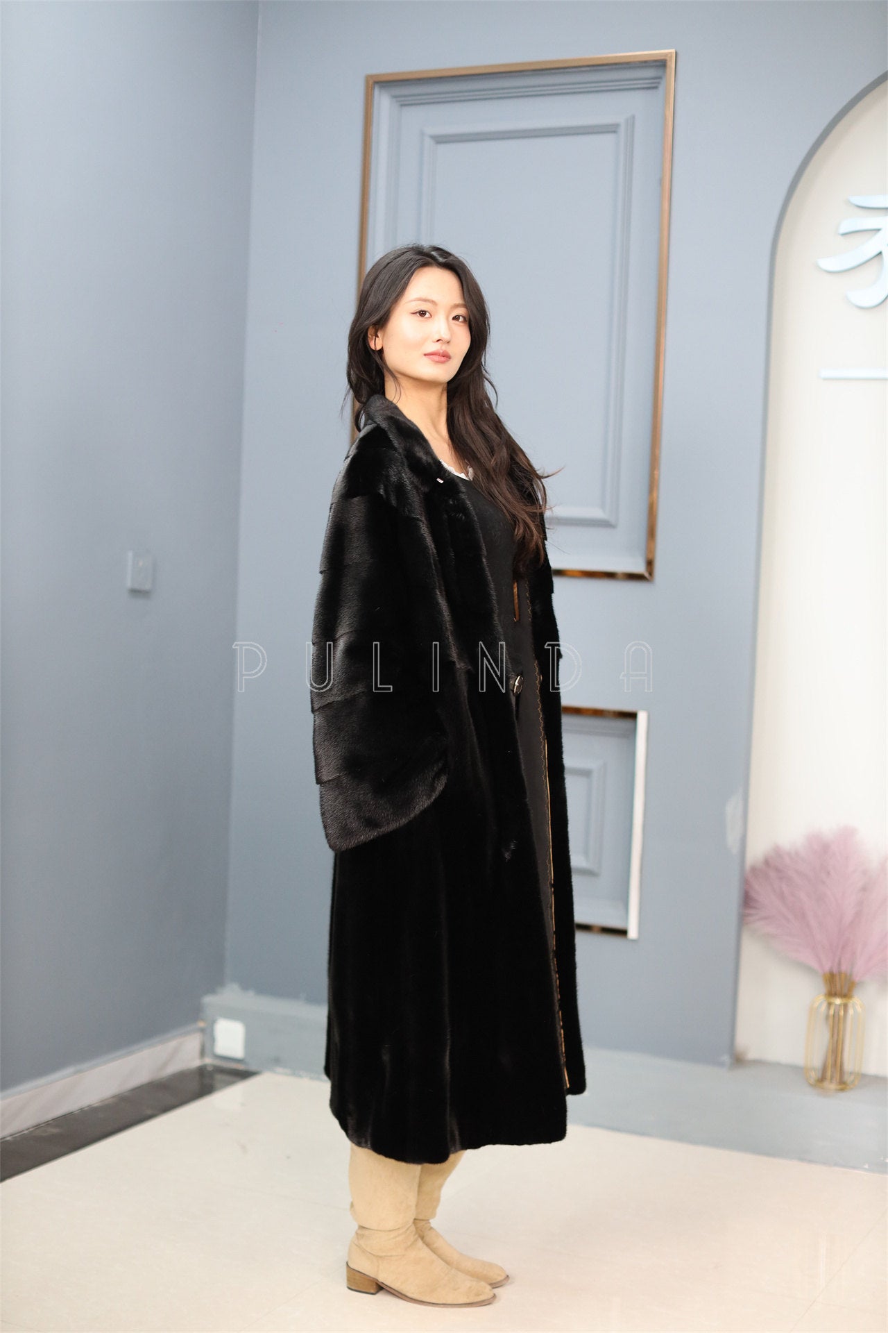 Full length natural Saga mink fur coat