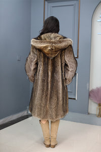 Full length natural racoon fur hooded coat