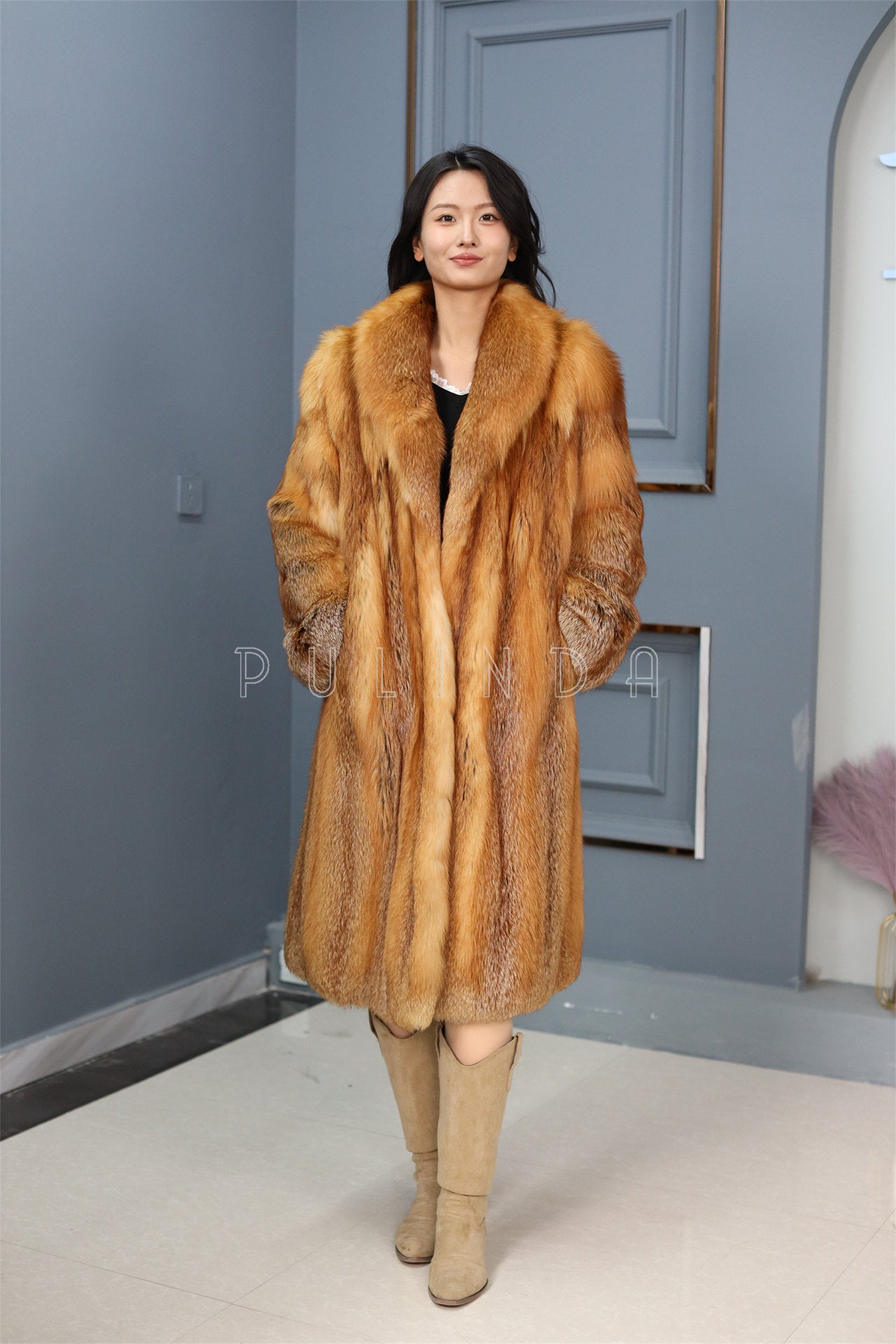 Full length Saga red fox fur coat with shawl collar