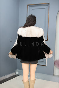 Natural Saga mink fur coat & jacket with blue fox trim