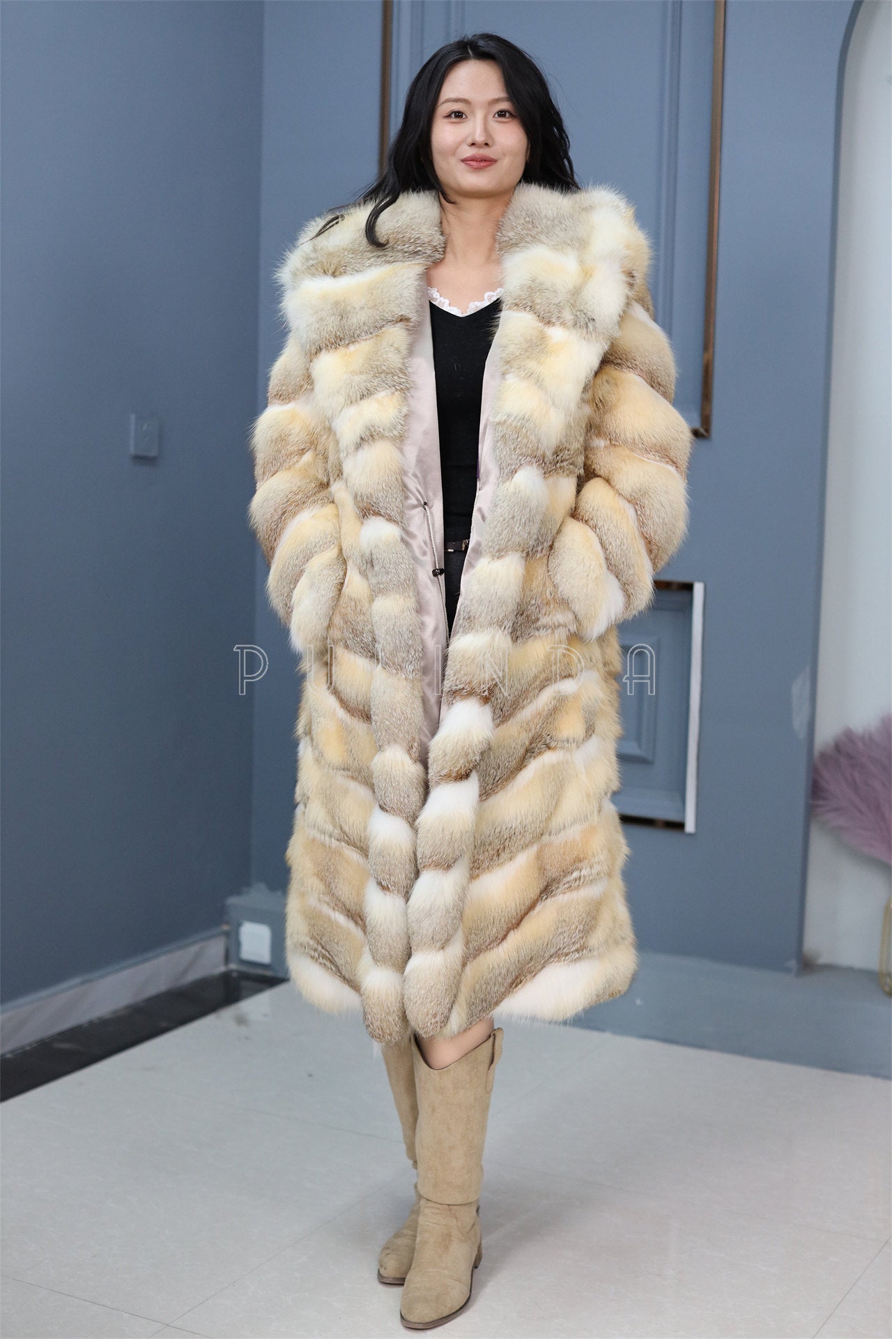 Full length kit fox fur hooded coat