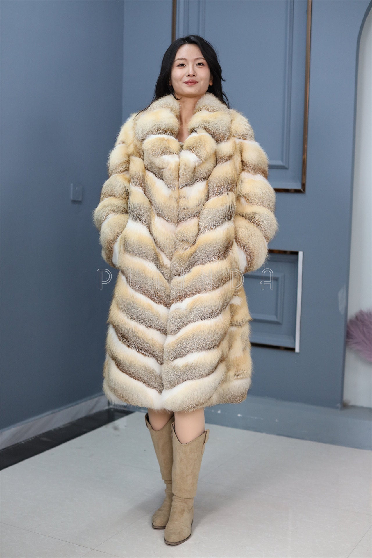 Full length kit fox fur coat with english collar