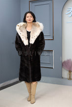 Load image into Gallery viewer, Full length Saga mink fur hooded coat with lynx trim
