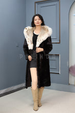 Load image into Gallery viewer, Full length Saga mink fur hooded coat with lynx trim
