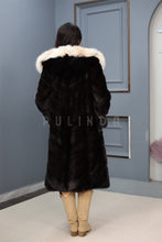 Load image into Gallery viewer, Full length Saga mink fur hooded coat with lynx trim
