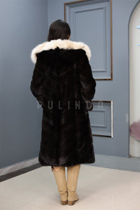 Full length Saga mink fur hooded coat with lynx trim