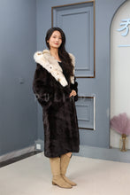 Load image into Gallery viewer, Full length Saga mink fur hooded coat with lynx trim
