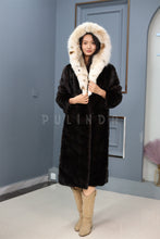 Load image into Gallery viewer, Full length Saga mink fur hooded coat with lynx trim
